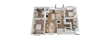 A 3D floor plan of a house showing two bedrooms, a living room, a kitchen, and a bathroom.