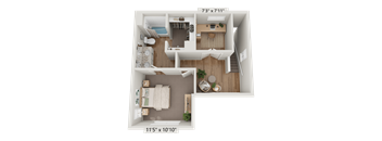A 11'5" x 10'10" floor plan of a two-story home with a living room, kitchen, dining room, and two bedrooms.