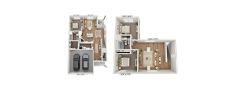 Two floor plans of a house with dimensions and car parking.