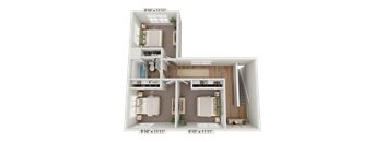 A 3D floor plan of a house with two bedrooms, a living room, a kitchen, and a bathroom.