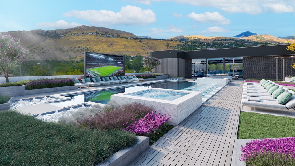 a rendering of a pool and lounge area and a jumbotron with mountains in the background