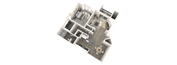 A 3D model of a house with a kitchen, living room, and dining area.