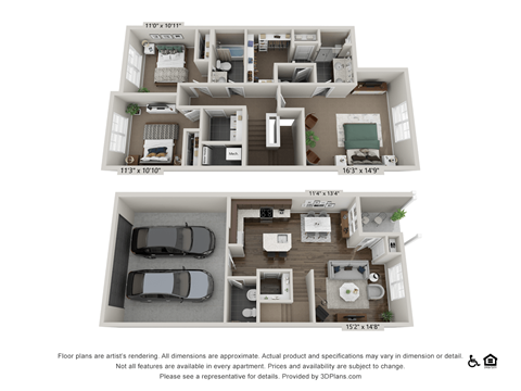 a 3d floor plan of a 3 bedroom apartment