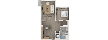 a floor plan of a bedroom with a bathroom and a living room