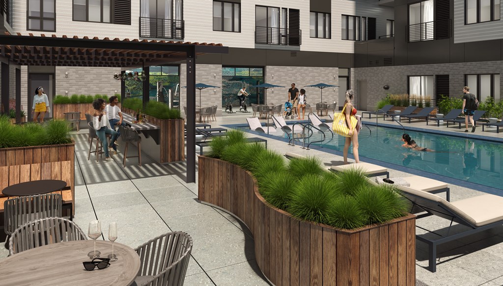 a rendering of the pool and patio area at edgewater 2 apartments