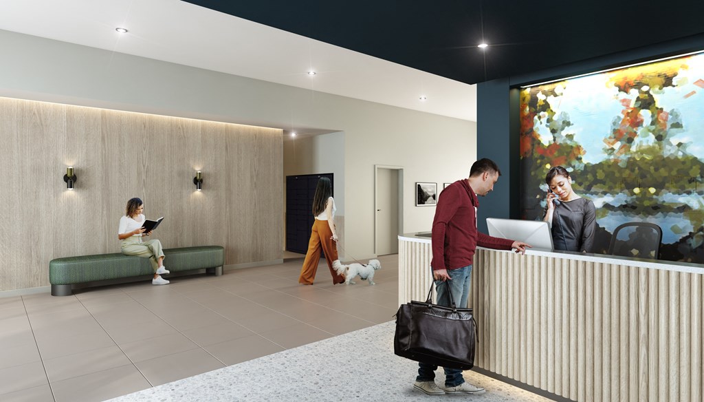 a rendering of a lobby with a man standing at the front desk and a woman sitting on