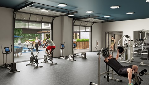 a rendering of a fitness room with people exercising in it