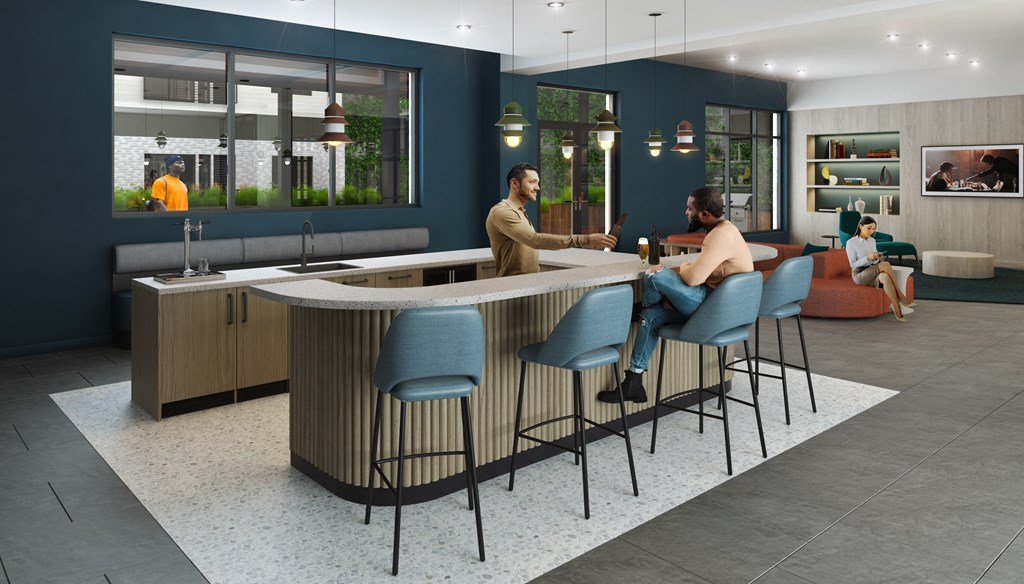 a rendering of a communal table and seating area in the center of a room with people sitting