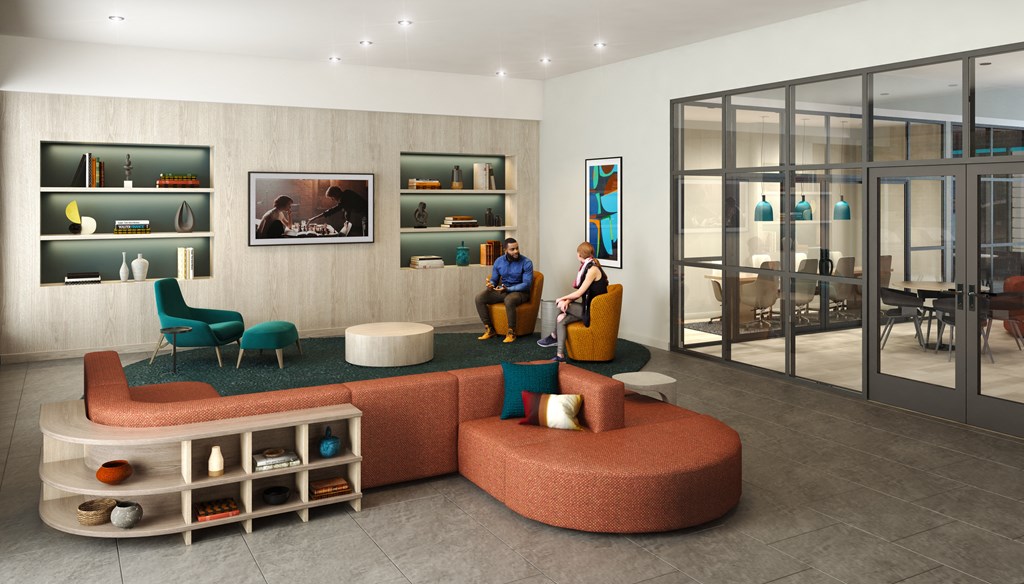 a rendering of a lobby with two people sitting on a couch and a table in the background
