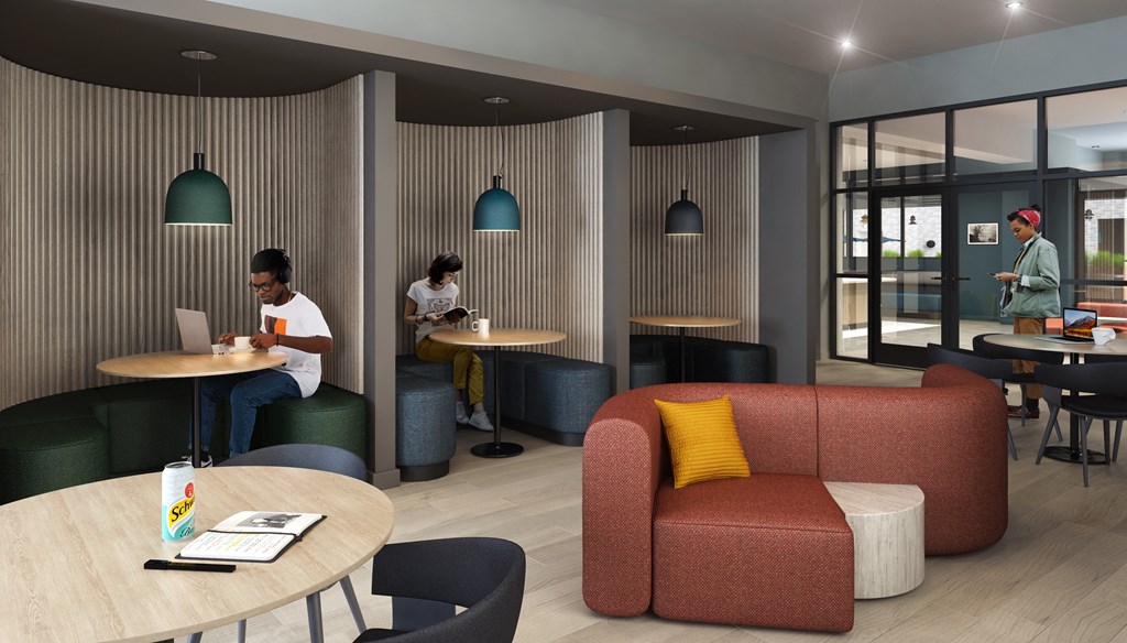 a rendering of a lounge area with tables and chairs