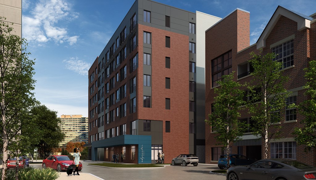 a rendering of a brick and blue building on a city street