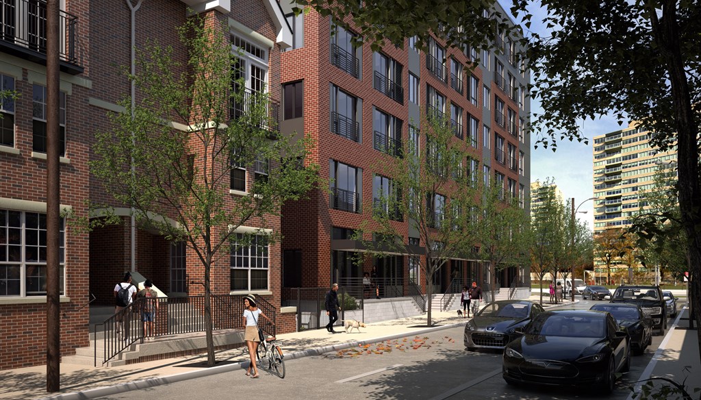 a rendering of a large brick building with people walking on the sidewalk and cars parked on the