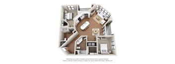 A 3D floor plan of a house with a kitchen, living room, dining room, and two bedrooms.
