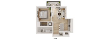 A top-down view of a room with a bed, a desk, a couch, and a potted plant.