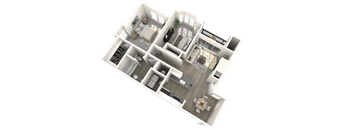 A 3D floor plan of a house with a kitchen, living room, and two bedrooms.