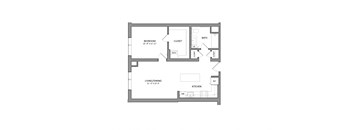 A floor plan of a small apartment with a bedroom, living/dining area, and kitchen.