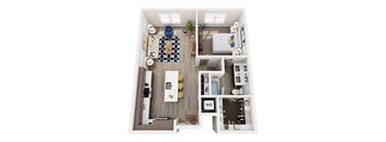 A top down view of a small apartment with a kitchen, living room, and bathroom.