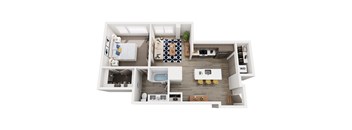 A top down view of a small apartment with a bedroom, living room, kitchen, and bathroom.