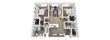 A top-down view of a small apartment with a kitchen, living room, and bathroom.