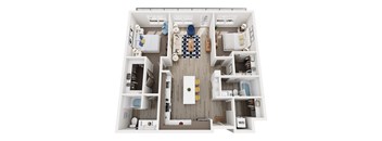 A top-down view of a small, neatly organized apartment.