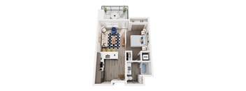 A top-down view of a small, neatly organized apartment with a kitchen, living room, and bathroom.