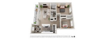 2 Bed 1 Bath 876 Sq. Ft. Floor plan at Canyon Park, Beaverton, 97005