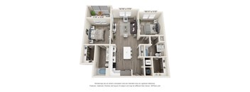 A 3D floor plan of a small apartment with a kitchen, living room, and bathroom.