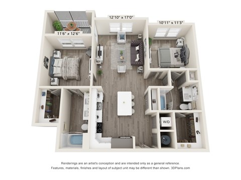 A 3D floor plan of a small apartment with a kitchen, living room, and bathroom.