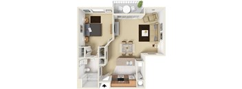 A diagram of a small apartment with a bedroom, living room, and kitchen.