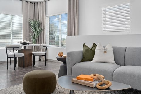 a living room with a gray couch and a coffee table