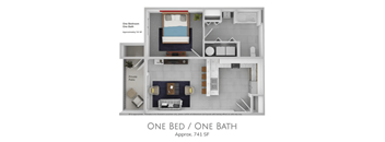 A floor plan of a one bedroom, one bath apartment.