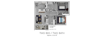 A diagram of a two bedroom, two bathroom apartment.