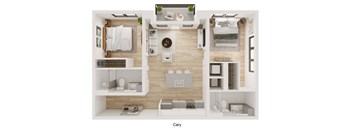 A top down view of a small apartment layout with a kitchen, living room, and bedroom.