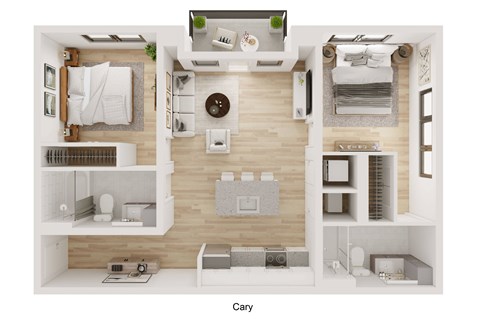 A top down view of a small apartment layout with a kitchen, living room, and bedroom.