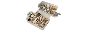 A 3D rendered image of a house layout.