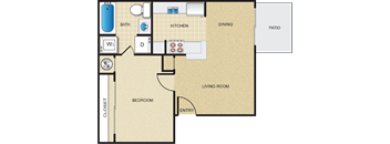 A floor plan of a house with a living room, dining area, kitchen, bathroom, bedroom, and closet.