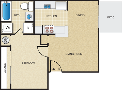 A floor plan of a house with a living room, dining area, kitchen, bathroom, bedroom, and closet.
