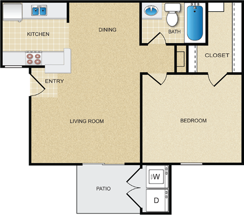 A floor plan of a house with a kitchen, dining room, living room, bedroom, bathroom, and patio.