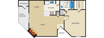 A floor plan of a house with a living room, dining room, kitchen, bathroom, and bedroom.