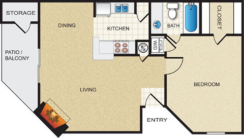 A floor plan of a house with a living room, dining room, kitchen, bathroom, and bedroom.