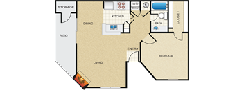 A floor plan of a house with a living room, dining room, kitchen, bathroom, closet, and bedroom.