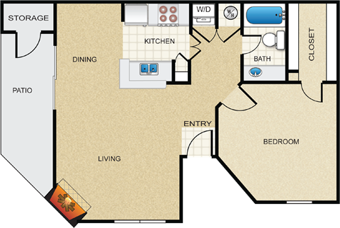 A floor plan of a house with a living room, dining room, kitchen, bathroom, closet, and bedroom.