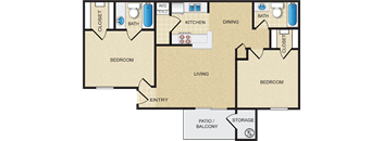 A floor plan of a house with two bedrooms, a living room, a kitchen, a dining room, a closet, a bathroom, a storage area, and a patio/balcony.