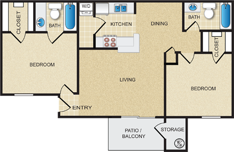 A floor plan of a house with two bedrooms, a living room, a kitchen, a dining room, a closet, a bathroom, a storage area, and a patio/balcony.