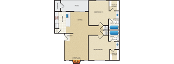 A floor plan of a house with two bedrooms, a dining area, a kitchen, a pantry, a fireplace, and a patio.