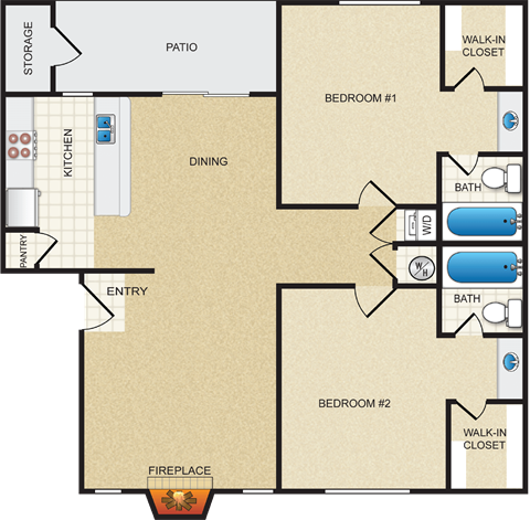 A floor plan of a house with two bedrooms, a dining area, a kitchen, a pantry, a fireplace, and a patio.