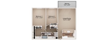 A diagram shows the layout of a small apartment with a living area, two bedrooms, a kitchen, and two bathrooms.
