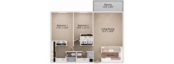 A floor plan of a small apartment with a balcony, two bedrooms, a living/dining area, a kitchen, and two bathrooms.