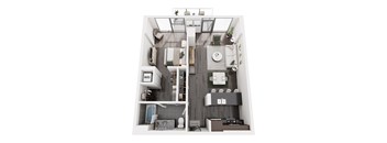 A top-down view of a small apartment with a kitchen, living room, and bathroom.