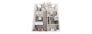 A top-down view of a small, neatly organized apartment with a kitchen, living room, and bathroom.